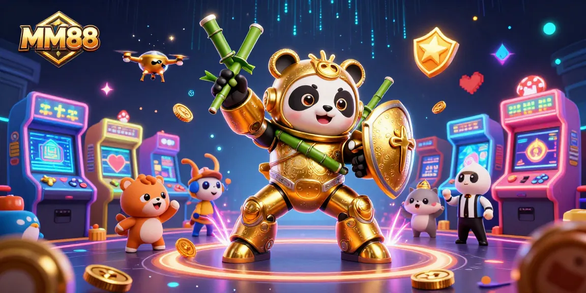 Engage with MM88’s dynamic casino scene featuring exciting gaming elements and the character of a mech-suit golden panda.