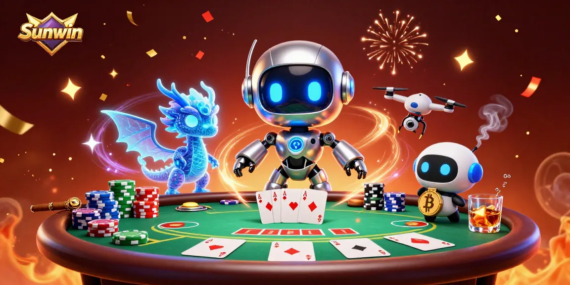 Experience the thrill of winning with Sunwin's vibrant 3D casino scene featuring robots and poker action.