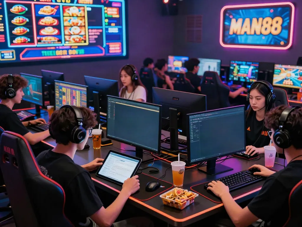 Engaged players enjoying games on Man88 platform in vibrant gaming hub.