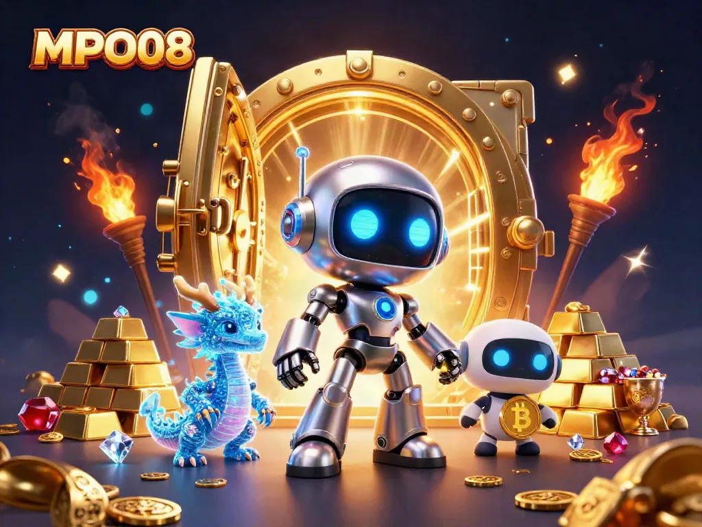 Spin the reels and win big with MPO08, featuring vibrant characters and sumptuous gold elements.