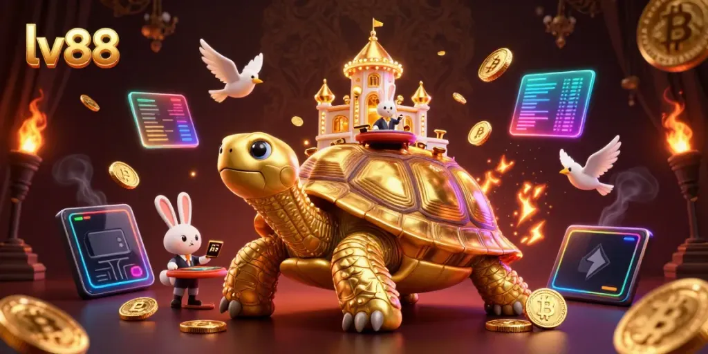 Experience the excitement at lv88 with a vibrant casino illustration depicting a golden tortoise and a rabbit dealer.