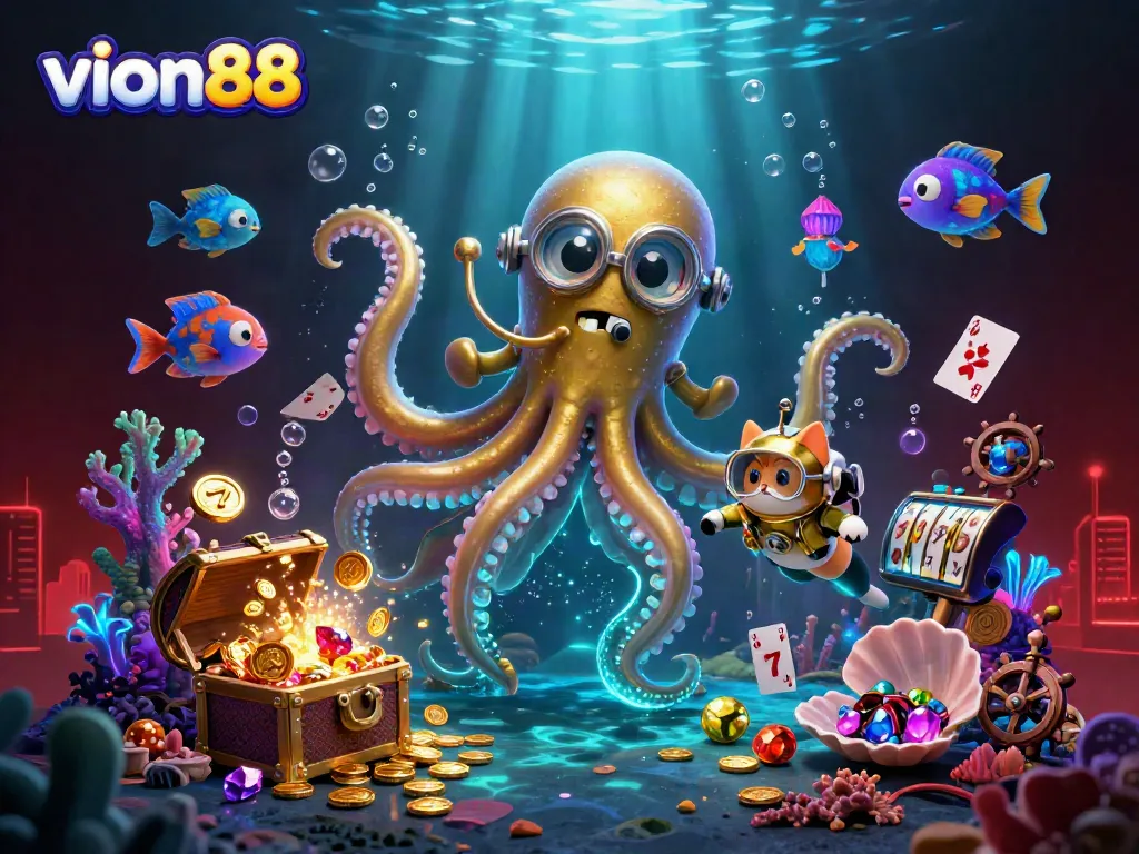 Win big at vion88 with exciting games, featuring a kraken and treasure in a vibrant underwater scene.