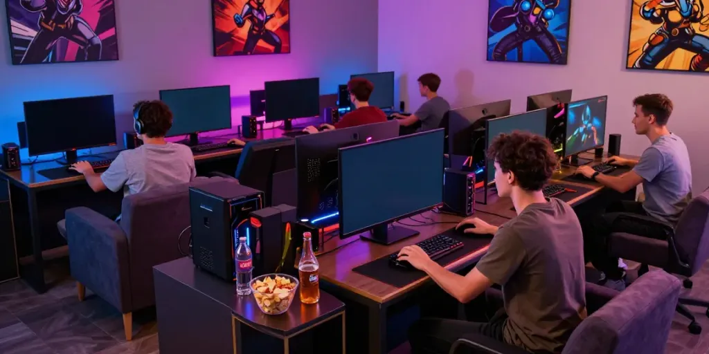 Men enjoying gaming experience at Manclub, vibrant gaming lounge.