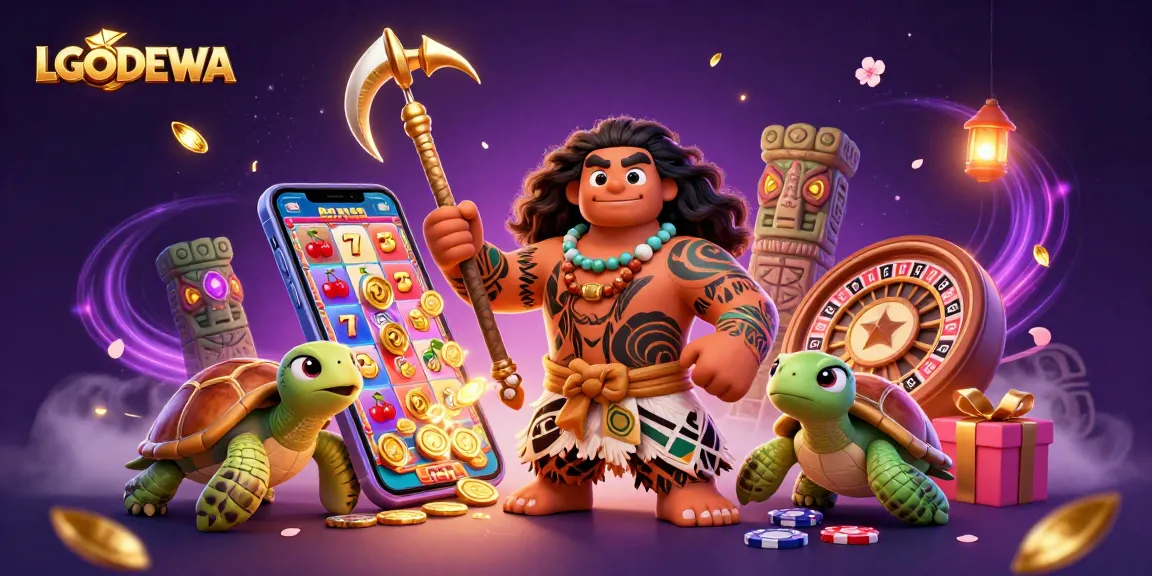 Engage with LGODEWA's thrilling slots featuring a Polynesian demigod amidst glowing treasures.