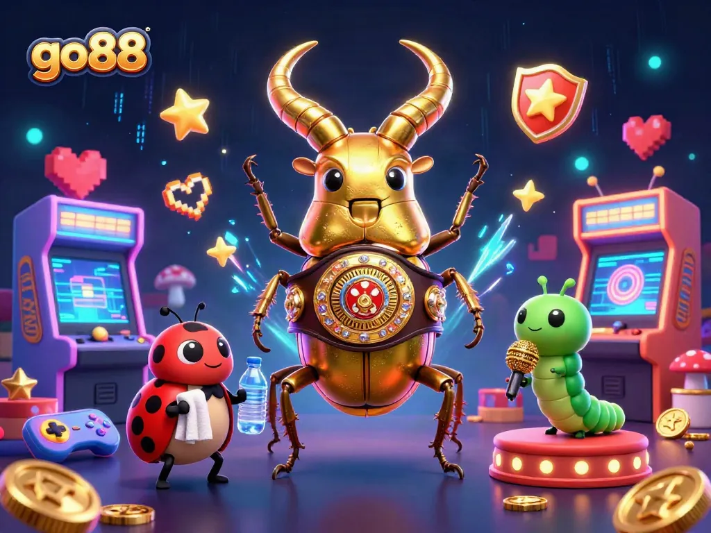 Experience excitement with go88 as a giant golden stag beetle champions in a rich casino battle ambiance.