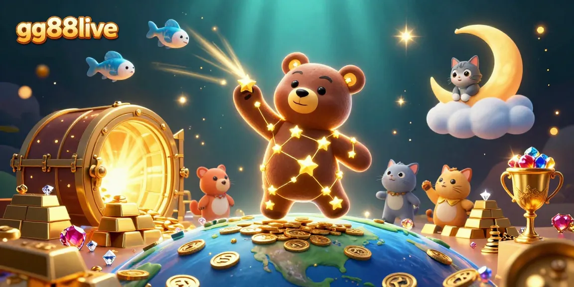Experience big wins at gg88live with a stellar bear collecting cosmic coins amidst vibrant casino treasures.