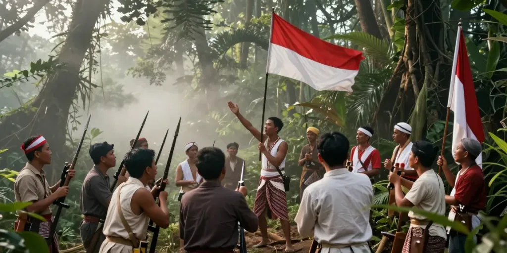 Indonesian freedom fighters strategizing in a jungle setting, representing the rokok88 slot history.