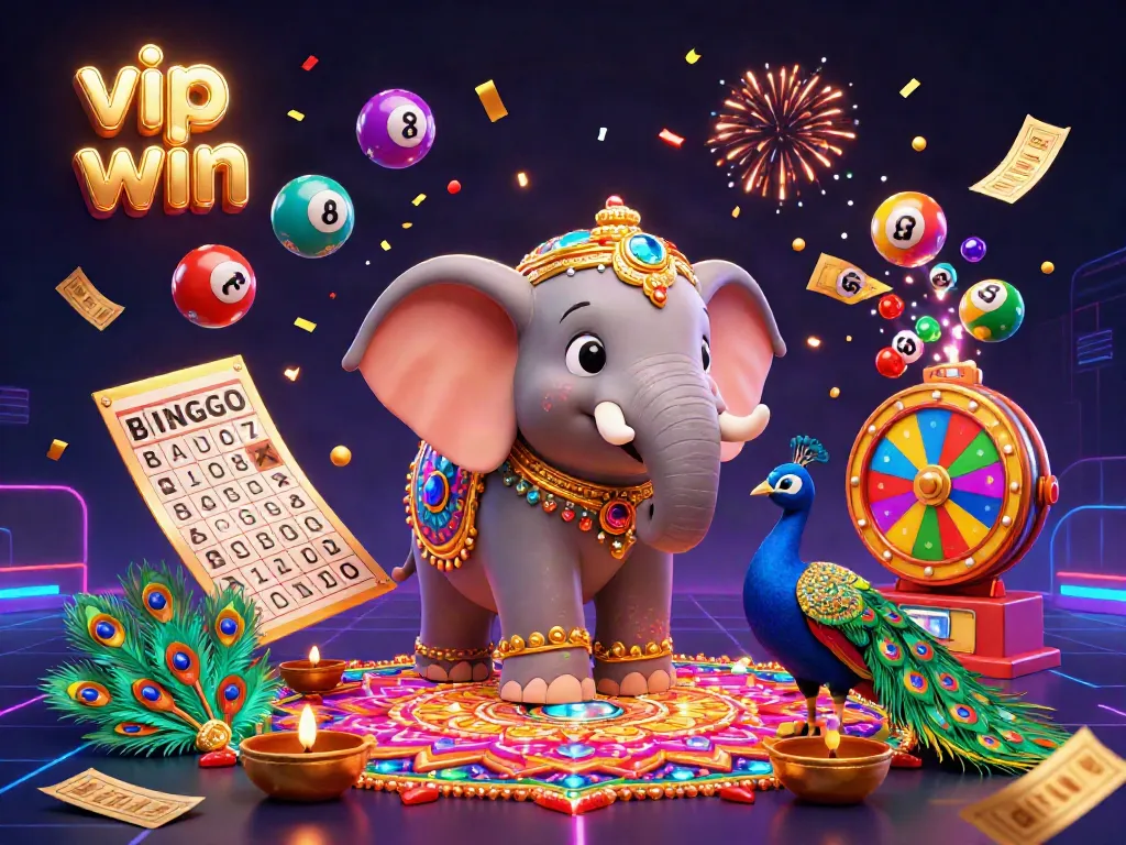 Engage with the vip win experience featuring a colorful 3D depiction of a gambling celebration with lottery elements and joyful characters.