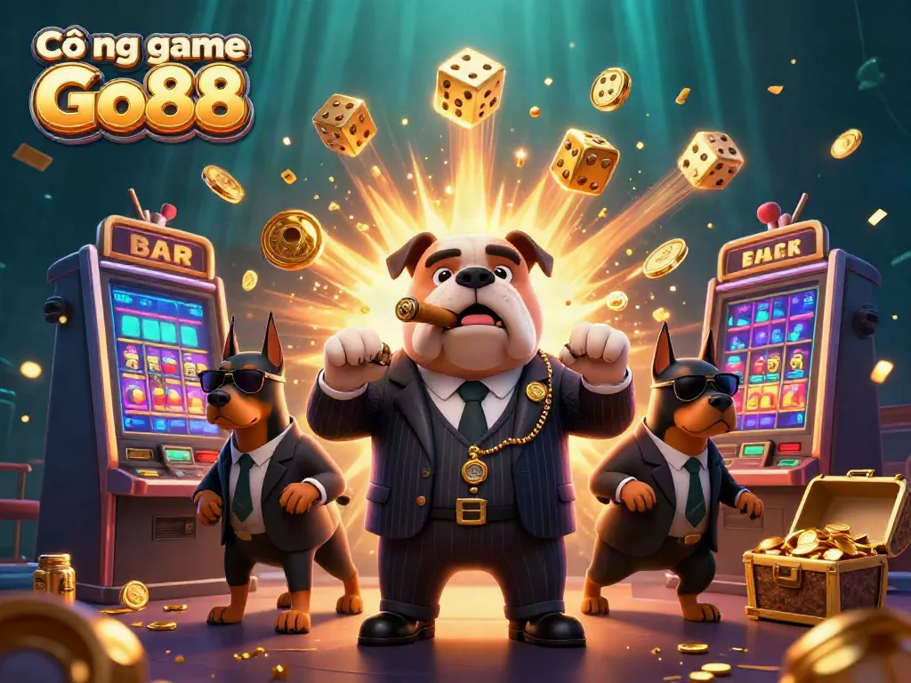 Cổng game Go88 showcases a vibrant casino scene with cartoon characters, dynamic game elements, and jackpot excitement.