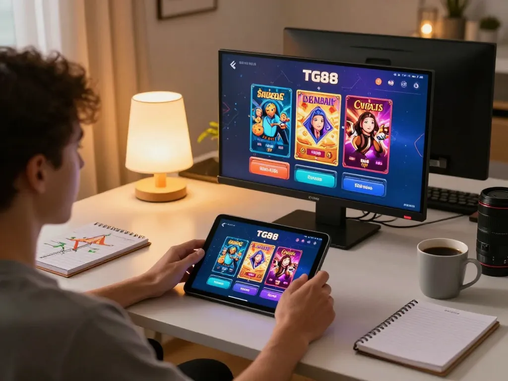 Player engaging with TG88 casino app on tablet, illustrating online gaming excitement