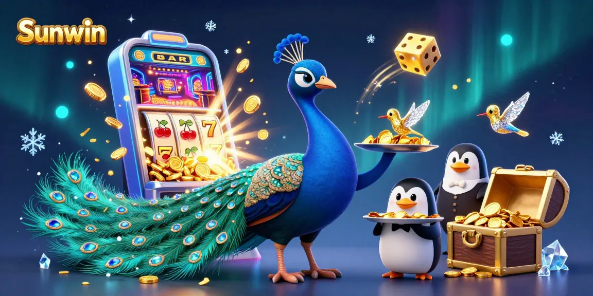 Sunwin players celebrating wins at a vibrant online casino with dazzling characters in a lively scene.