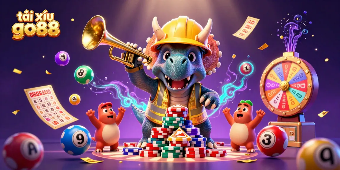 Engage in exciting tài xỉu go88 games with dynamic characters building poker chip pyramids in a vibrant casino scene.