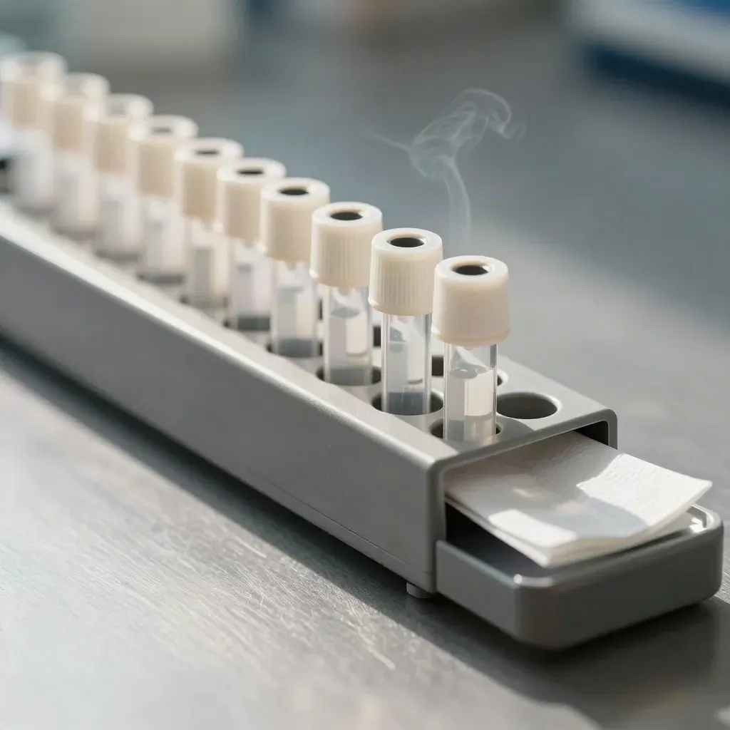 Macro of cryo tubes and a specimen mailer sliding from a matte vial box on brushed metal.