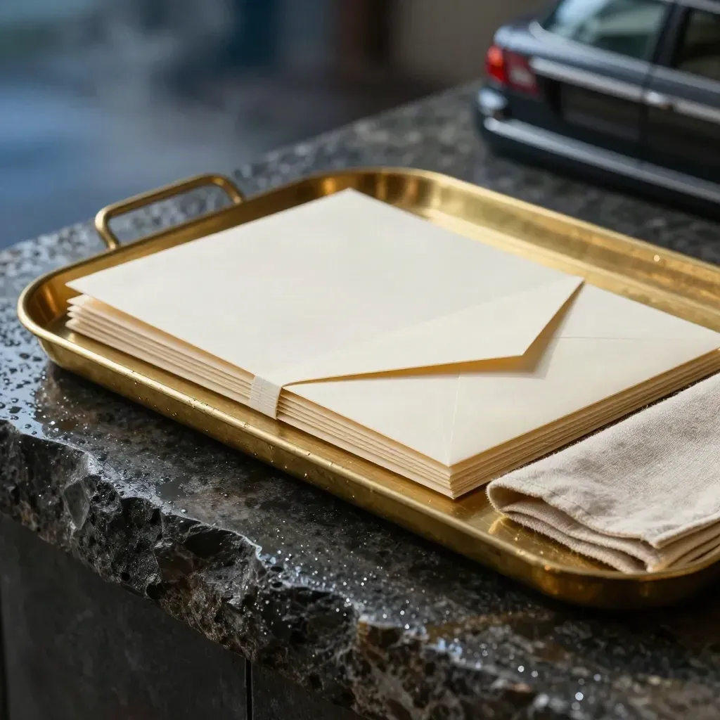 Wet brass submission trays, folders, and a sealed pouch on dark stone in soft dawn light.
