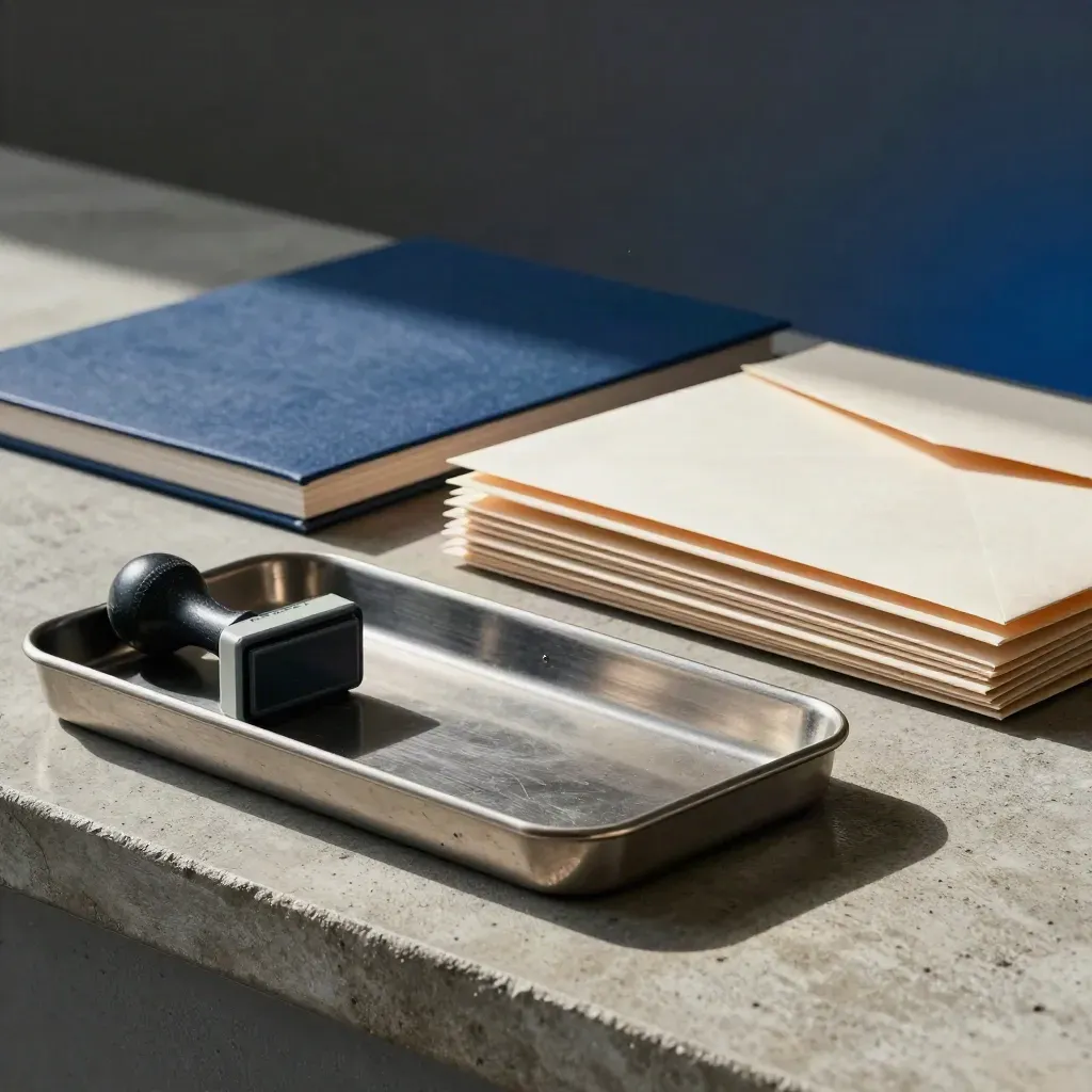 Metal tray, rubber stamp, folder block and envelope stack on concrete with soft light.