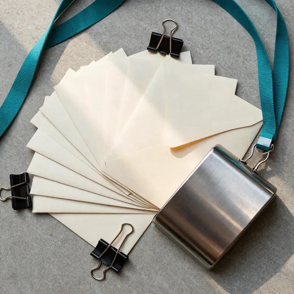 Overhead still life of badge reels, envelopes, clips, and a metal receipt box on concrete.