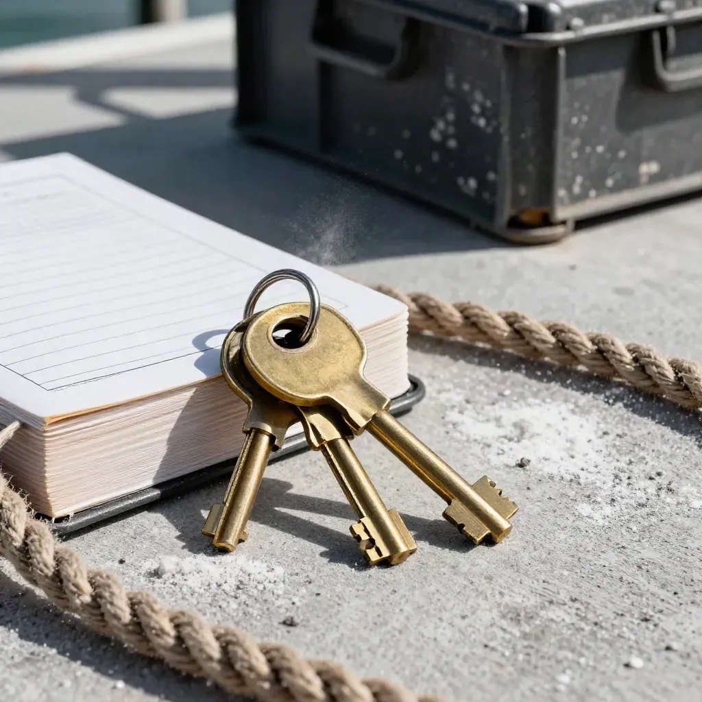 Marina keys, brass locker keys, dock ledger box, and rope coil on a salt-dusted dock