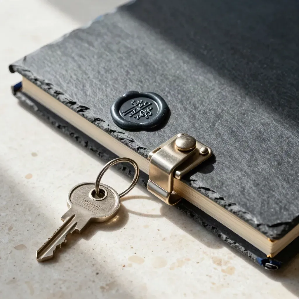 Macro flatlay of a ledger binder, wax seal stamp, keys, and archive latch on travertine.