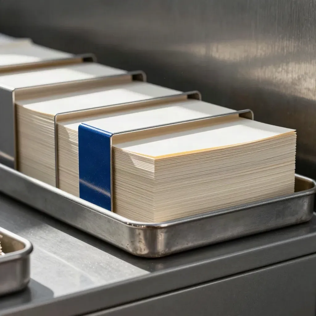 Steel in-trays with staggered paper stacks, lit by a diagonal beam in a quiet intake room.