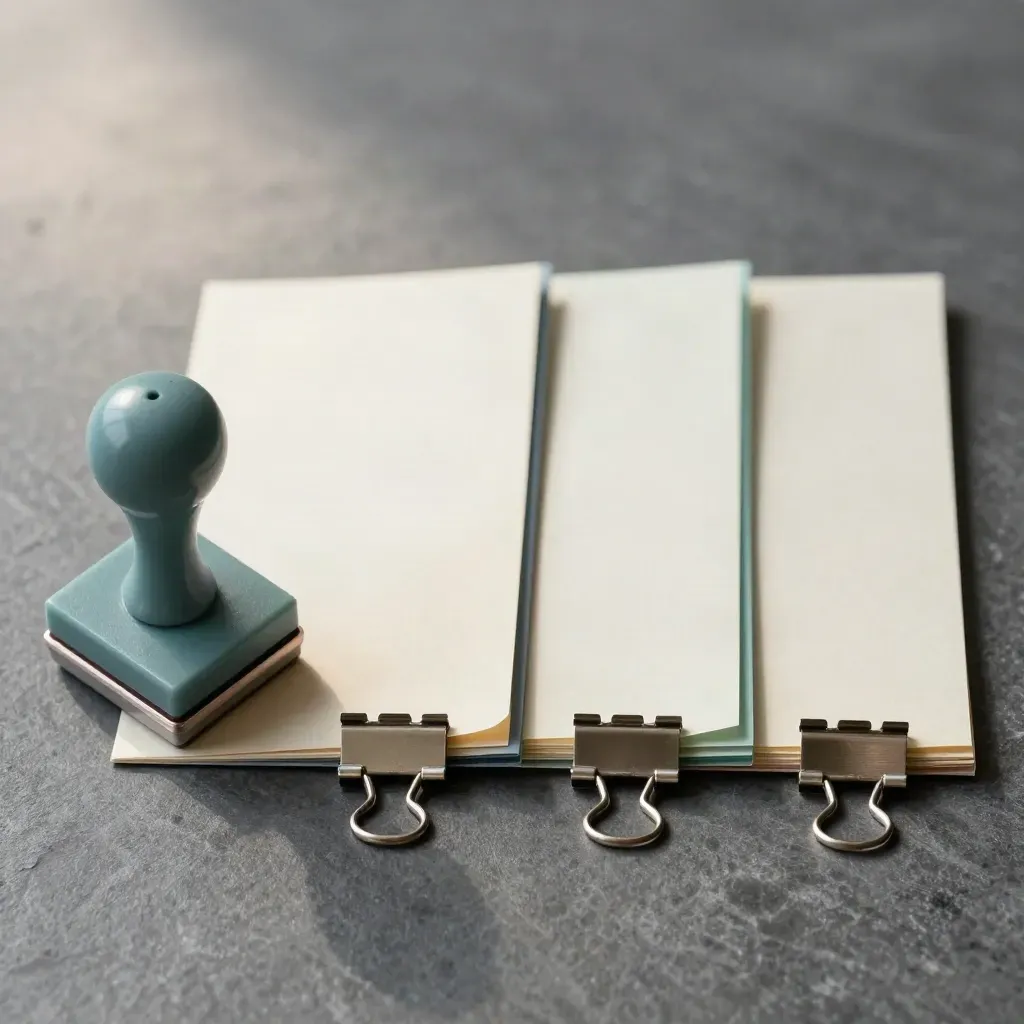 Blank file tabs, approval stamp, and metal clips on graphite stone, overhead macro