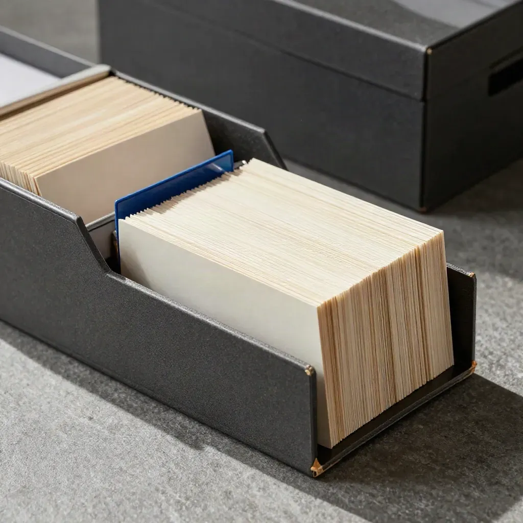 Archive sorter with fanned cards and a blue divider tab on a graphite stone surface.