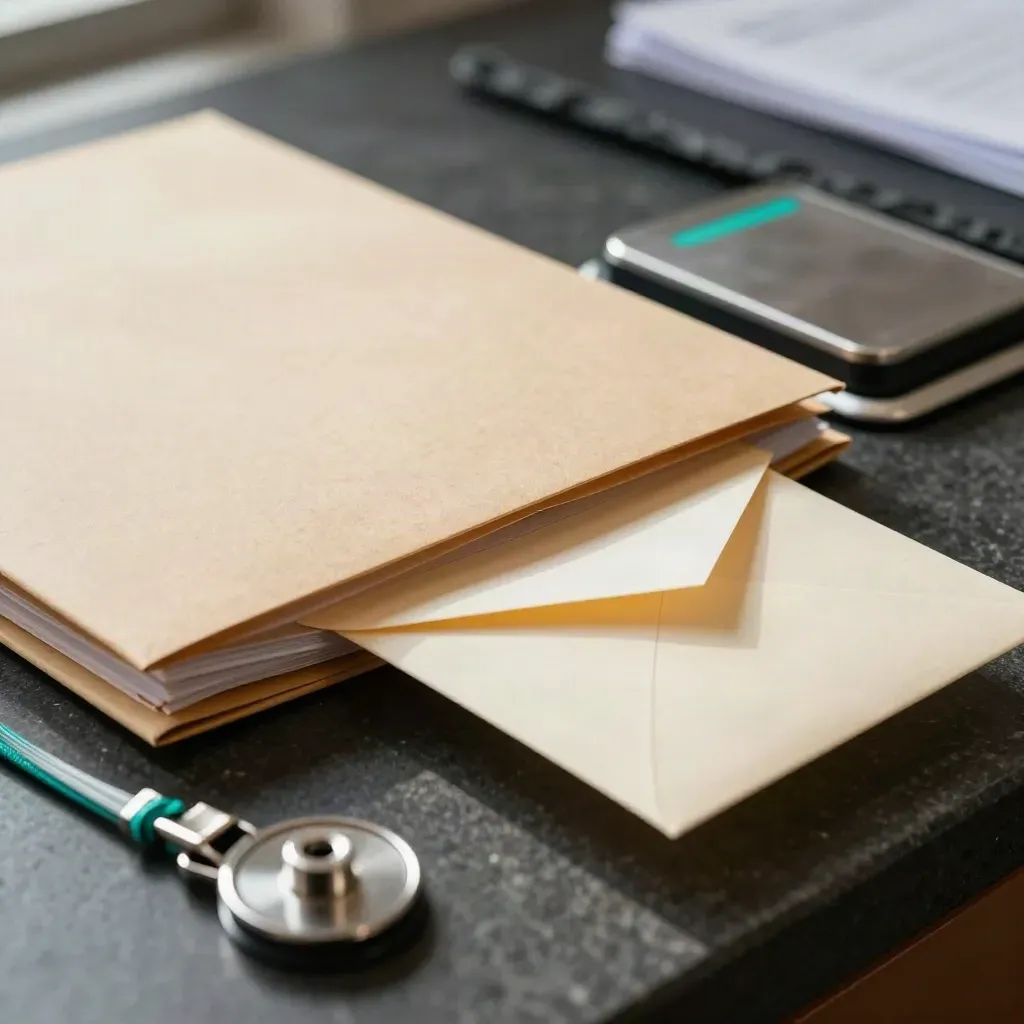 Macro of nonprofit intake tools beside a postage scale, binder edge, envelopes and badge reels.