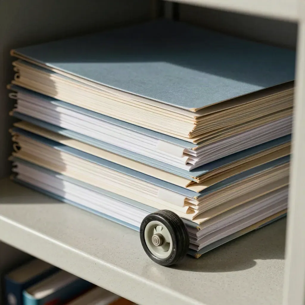 School record folders, file dividers, and a book-cart wheel in a dramatic archive still life.