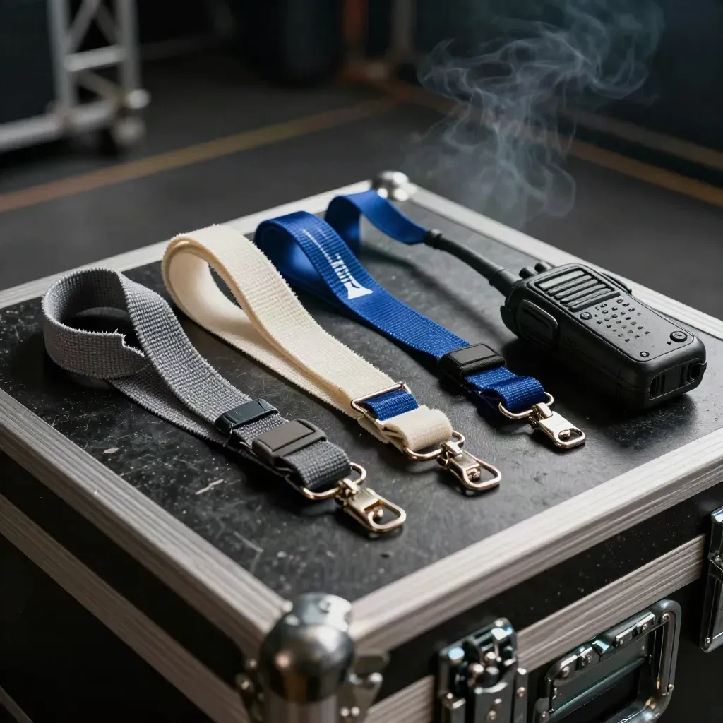 Backstage wristbands, lanyards, cable ties, and a radio on a scuffed case