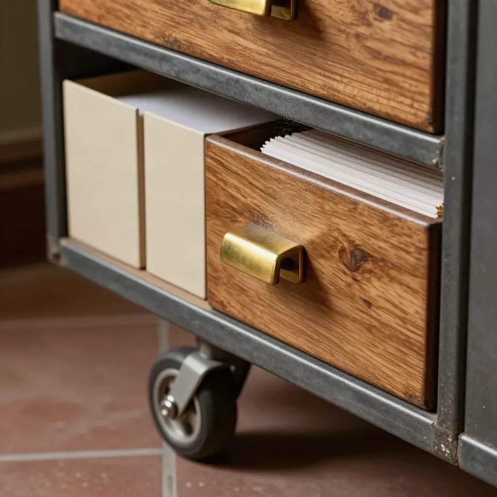 Library card drawers, dividers, and a book cart wheel on a dusty floor.