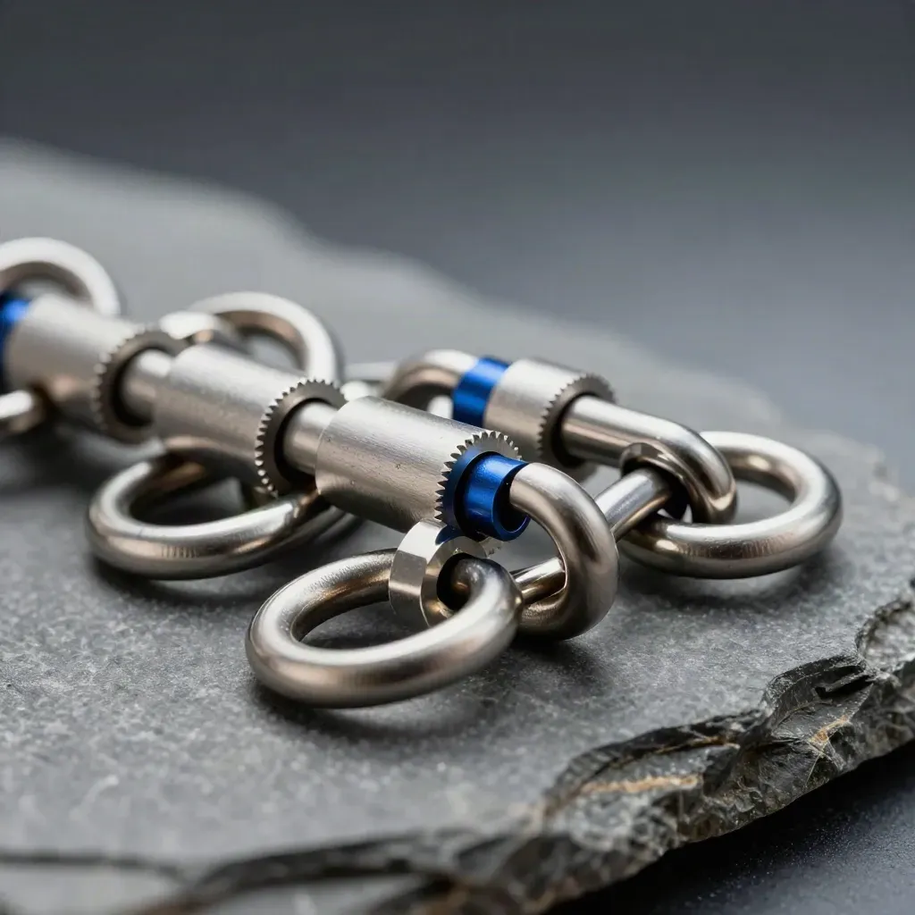 Brushed-aluminum couplers and linked rings on slate stone in dramatic studio light.