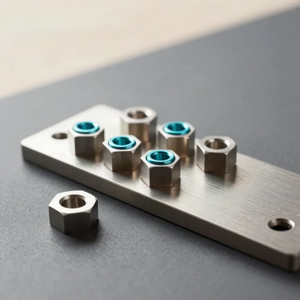Top-down macro of machined connectors, hex spacers and a dovetail plate on graphite.