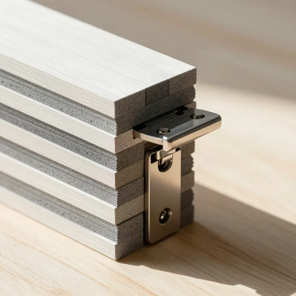 Graphite blocks and a hinge bracket align on pale wood in raking light