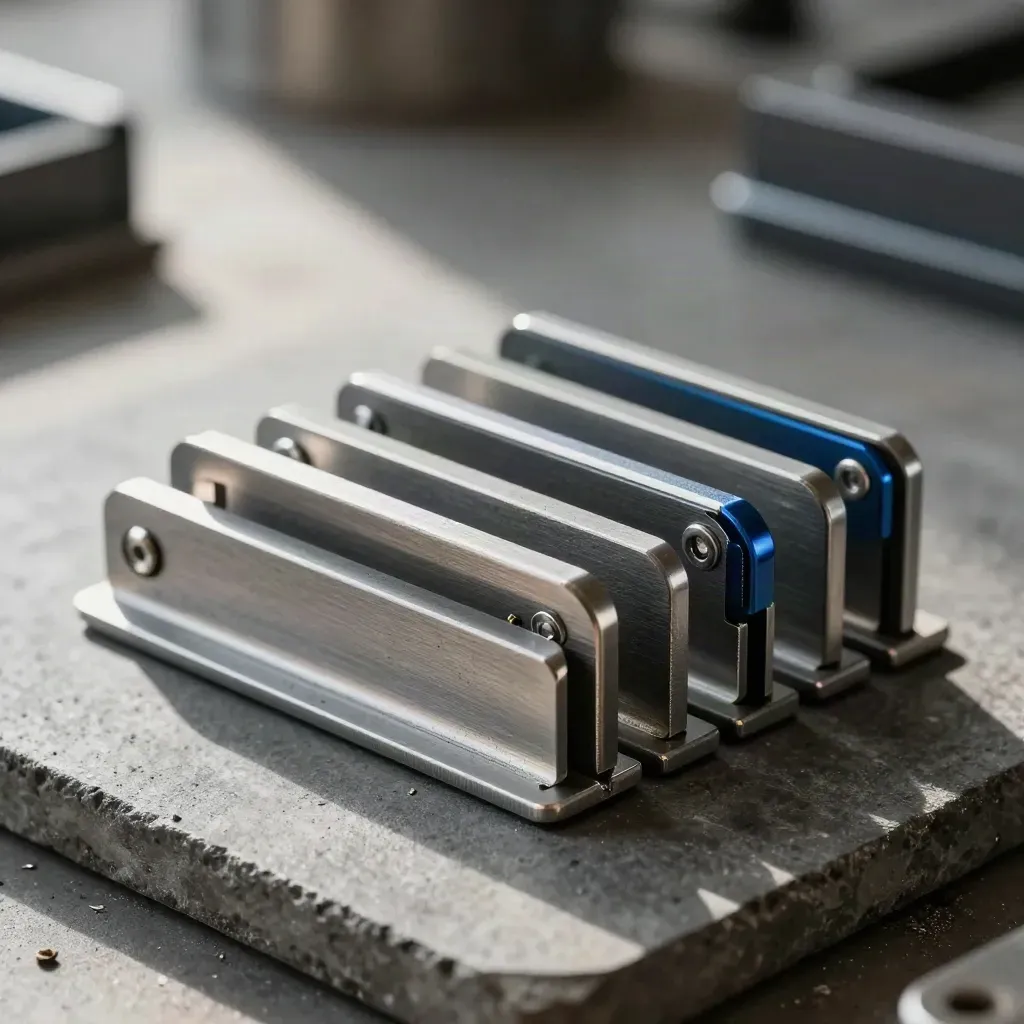 Brushed metal rails, brackets, and tabs on concrete with a subtle blue accent.