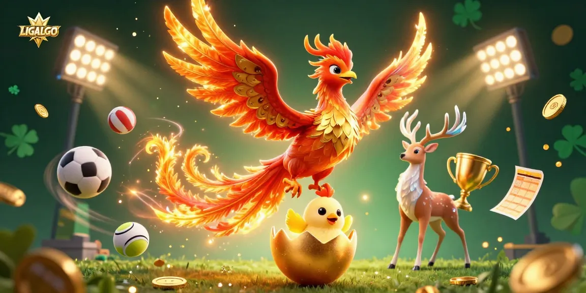 LIGALGO sports betting illustration featuring a phoenix, baby chick, and stag amidst vibrant gaming elements