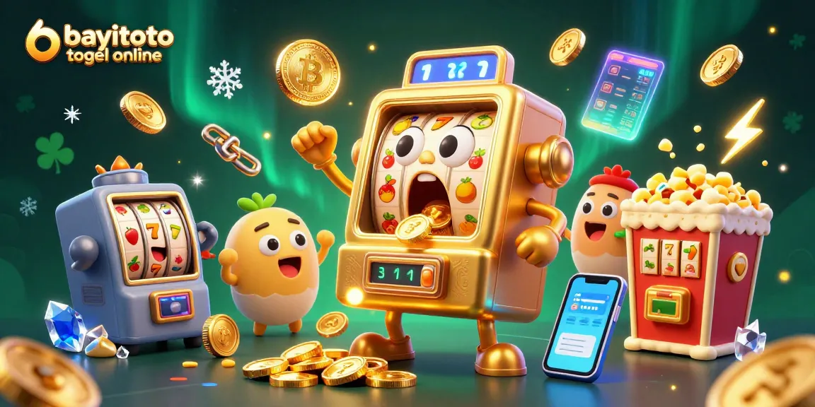 Experience the excitement of bayitoto togel online with cartoon slot machines hitting jackpots and celebrating.