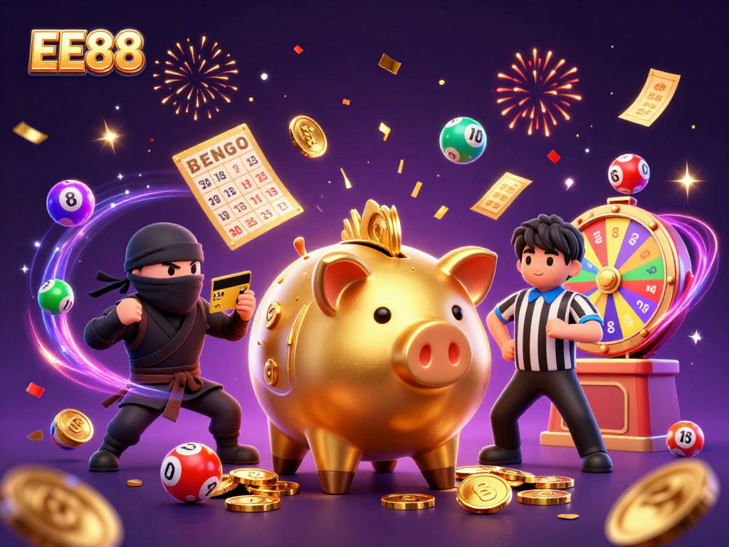 Experience the excitement of EE88 with vibrant characters and thrilling casino elements in a dynamic illustration.