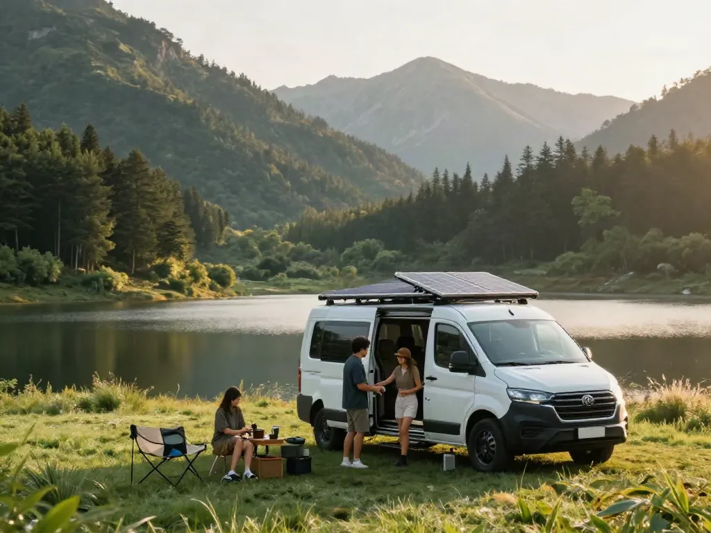 Vanlife experience at https://vanlifetribe.com with campervan and solar setup by lake.