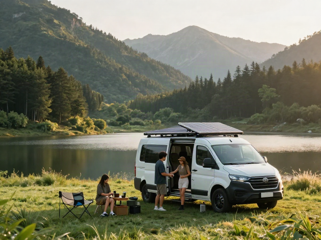 Vanlife experience at https://vanlifetribe.com with campervan and solar setup by lake.