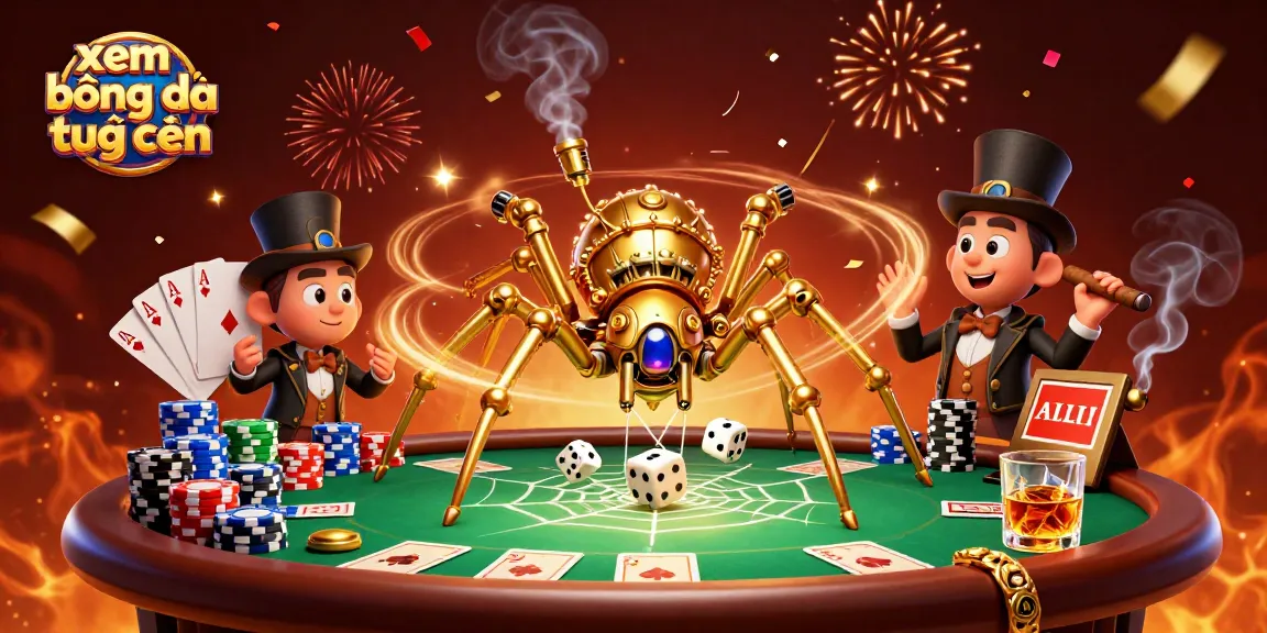 Experience xem bóng đá trực tuyến in a vibrant 3D scene with steampunk elements and poker excitement.