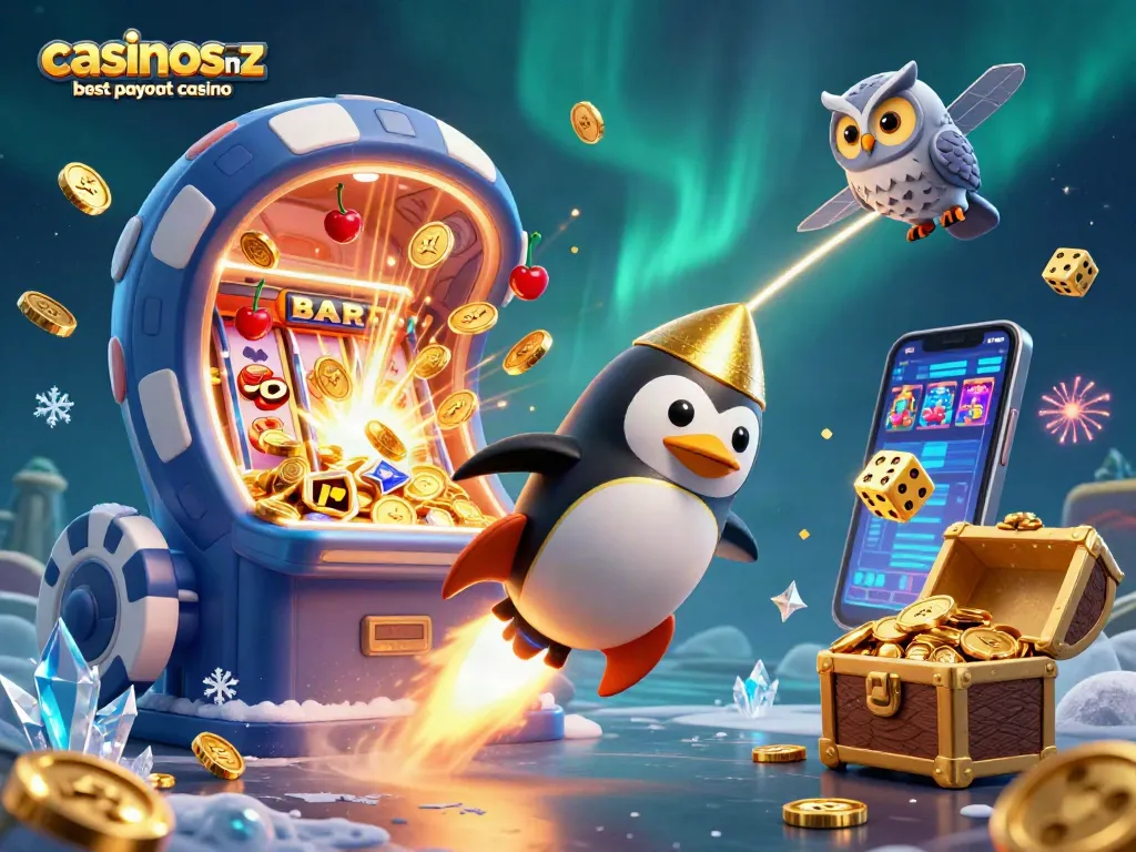Experience the thrilling adventures of casinosnz best payout casino with our vibrant 3D illustration of a golden penguin.