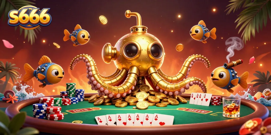 S666 offers a rich experience with a golden kraken submarine amid vibrant poker elements, capturing the excitement of online gambling.
