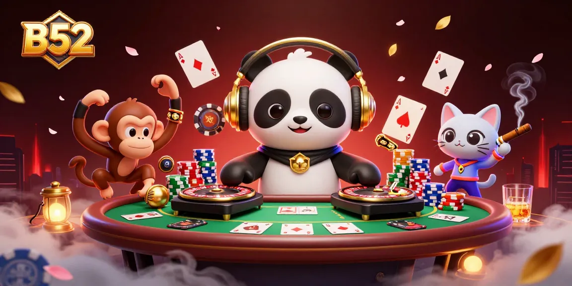 B52-themed casino scene showcasing a DJ panda and lively characters amidst poker chips and vibrant colors