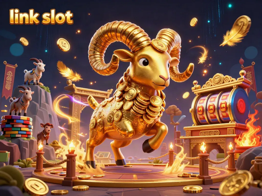 Engaging scene with a golden ram charging at a slot jackpot, surrounded by casino elements in vibrant colors.