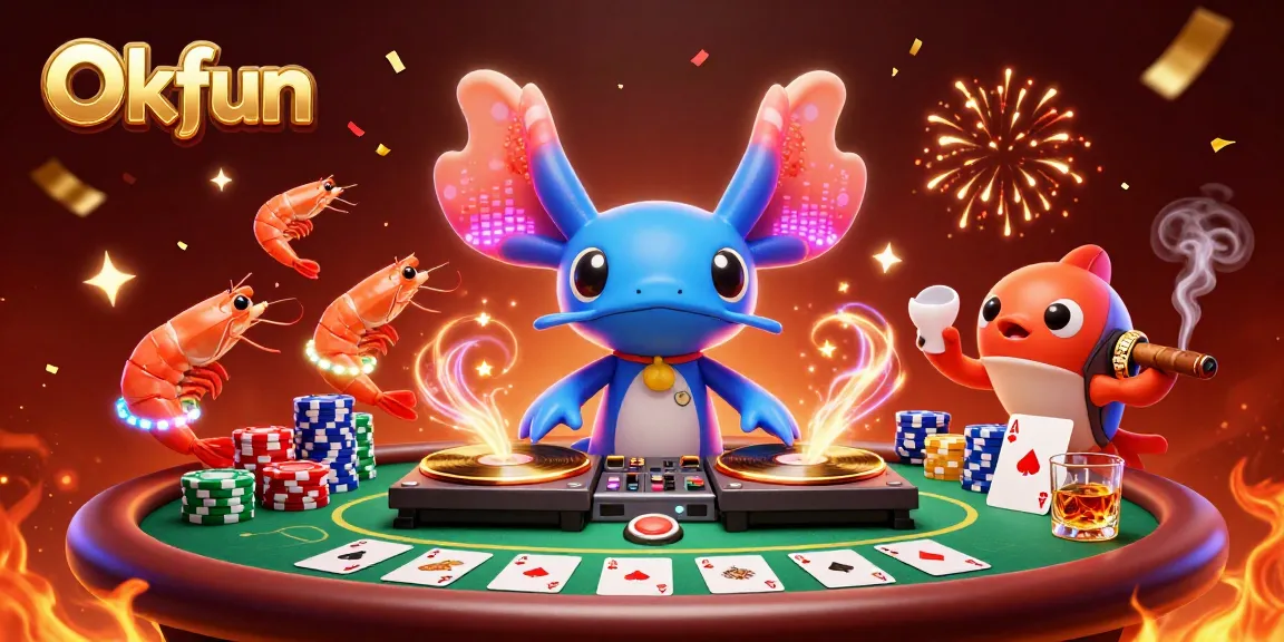 Join the fun at Okfun with our vibrant casino-themed illustration showcasing lively characters and gaming elements.