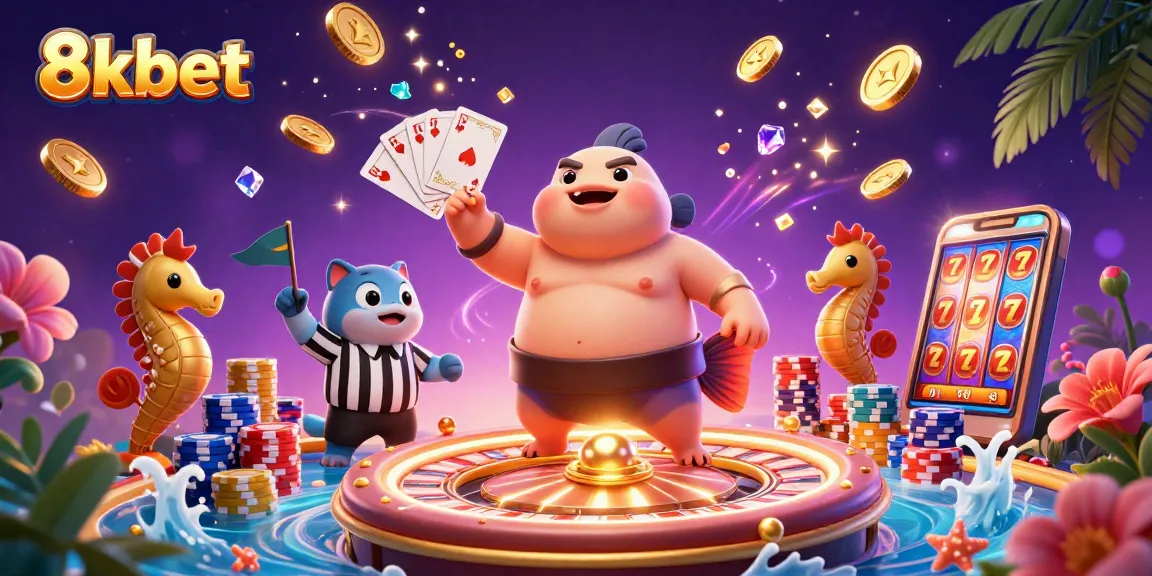 In a lively underwater scene, 8xbet showcases a unique fugu character, spinning roulette, and cascading coins for thrilling gambling action.