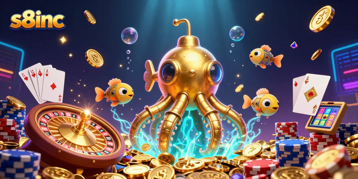 Experience the excitement of s8inc with a 3D illustrated kraken submarine amidst flying coins and casino elements.