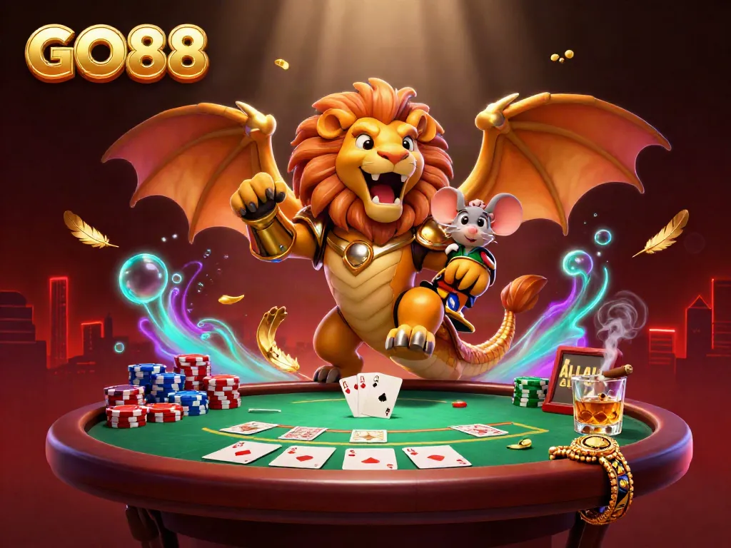 Engage in thrilling moments at GO88 with a majestic chimera roaring triumphantly amidst vibrant poker game elements.