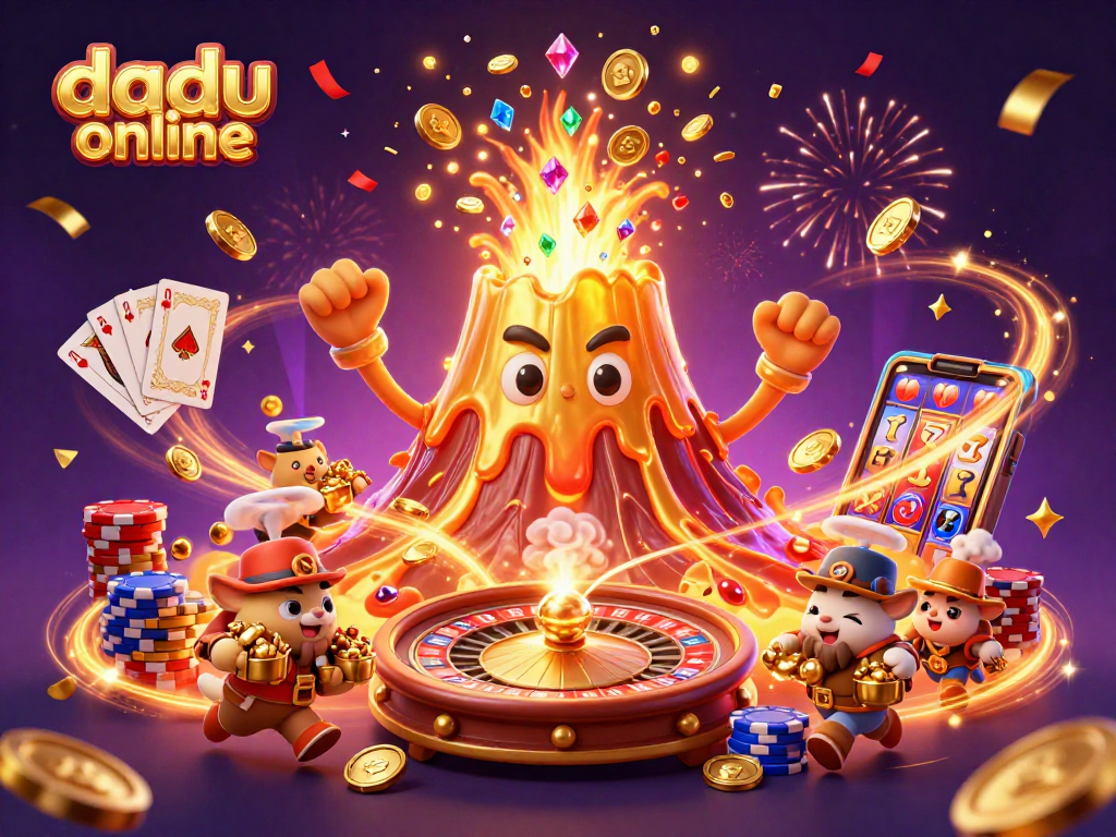 Experience thrilling dadu online gameplay with treasures erupting from a golden volcano, showcasing excitement and victory.