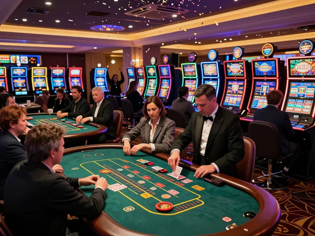 Players enjoying various games at MM88 casino showcasing vibrant atmosphere with colorful slot machines and enthusiastic celebrations.