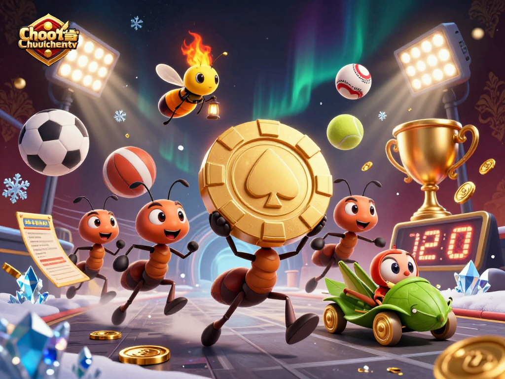 Experience Chuoichientv as ants steal a giant poker chip amidst a thrilling sports betting theme.